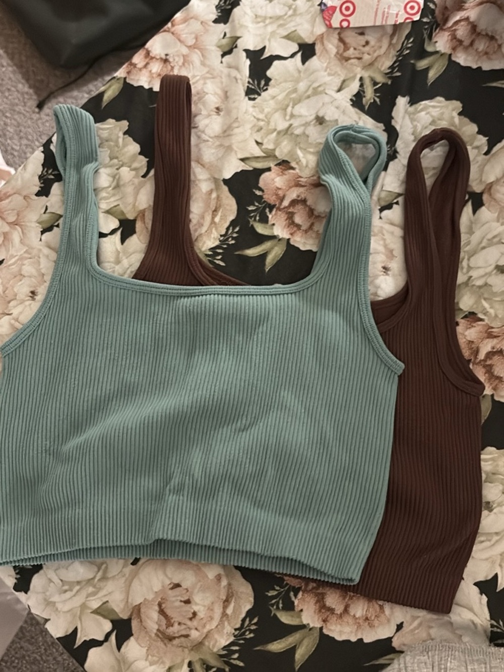 Zara Ribbed Square-Neck Crop Top - Mint Green & Chocolate